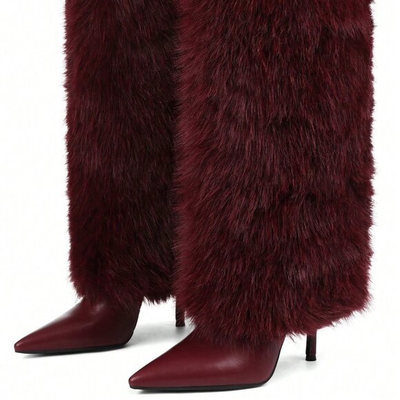 Burgundy Women's Knee High Fuzzy Faux Fur Stiletto heeled Boots - Picture 5 of 8